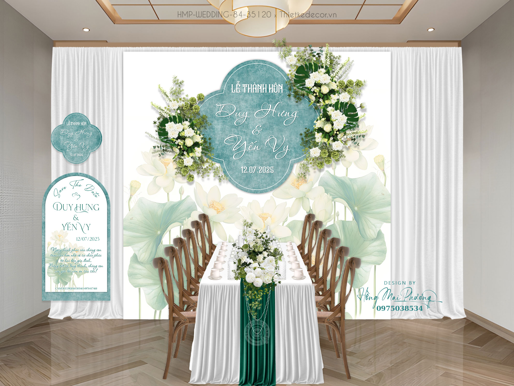 Gia tiên tone xanh trắng họa tiết hoa sen kèm tem nước, tag bàn